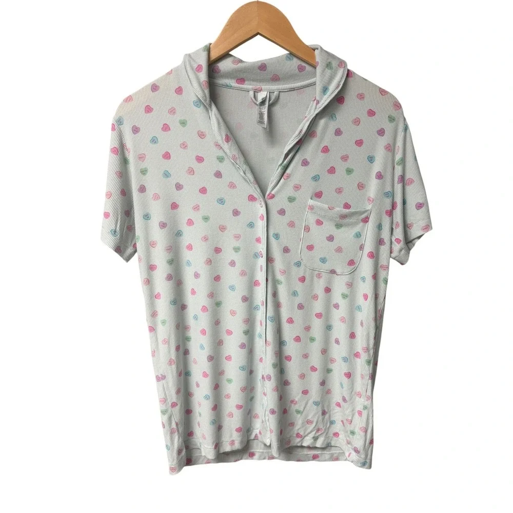 Skims Soft Lounge Pajama Top Womens S Cloud Candy Heart Print Blue Cozy Coquette